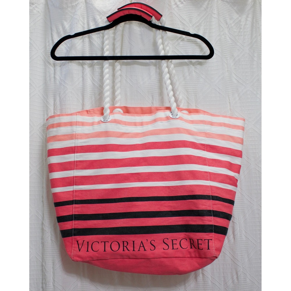 Victoria's Secret Pink Striped Beach Vacation‎ Tote Bag Canvas Rope Handle